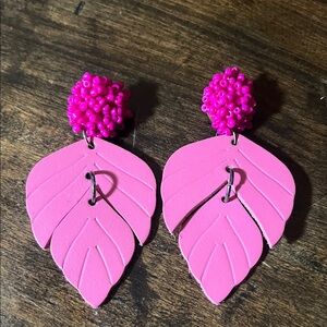 Pink Leaf Drop Handmae Hand Cut Leather Earrings
